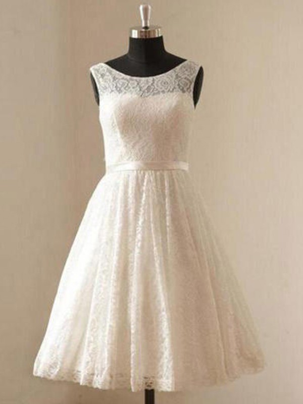 A-Line/Princess Scoop Lace Sleeveless Sash/Ribbon/Belt Knee-Length Wedding Dresses 874