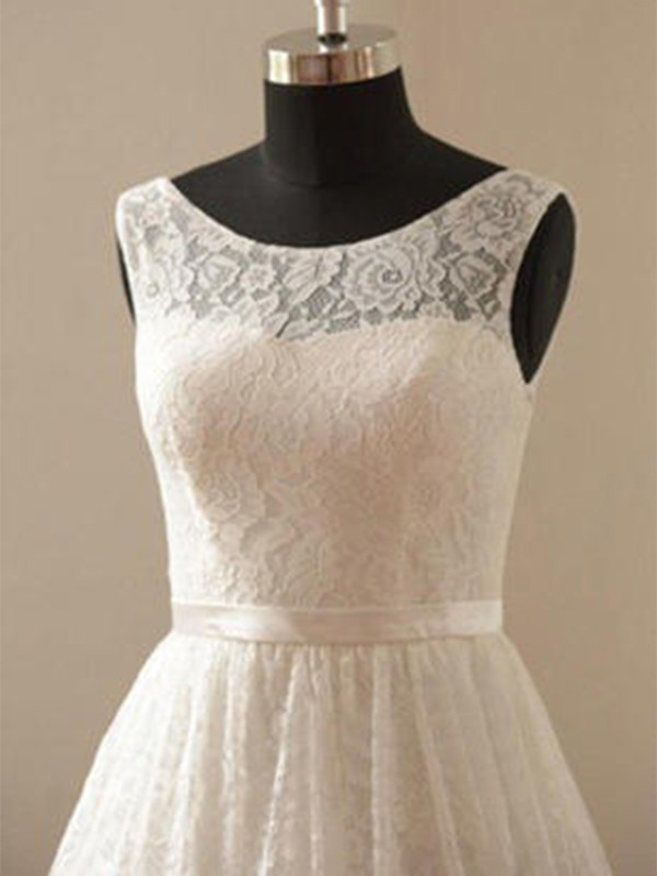 A-Line/Princess Scoop Lace Sleeveless Sash/Ribbon/Belt Knee-Length Wedding Dresses 874