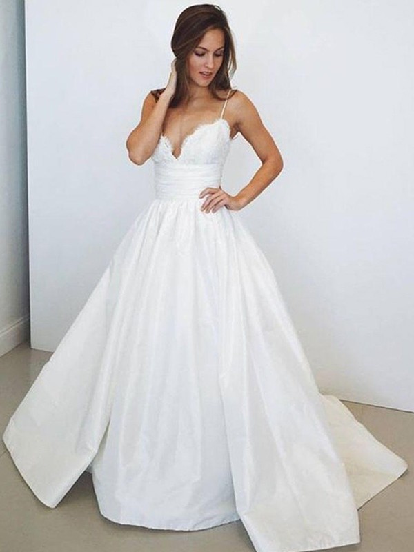 Ball Gown Sleeveless Spaghetti Straps Ruched Satin Sweep/Brush Train Wedding Dresses 1252