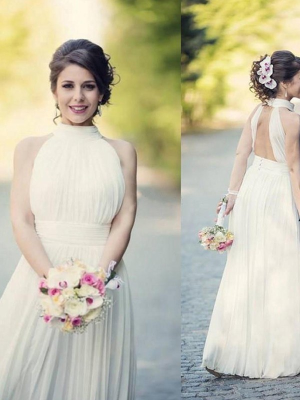 A-Line/Princess Halter Sleeveless Ruffles Tulle Floor-Length Wedding Dresses 686