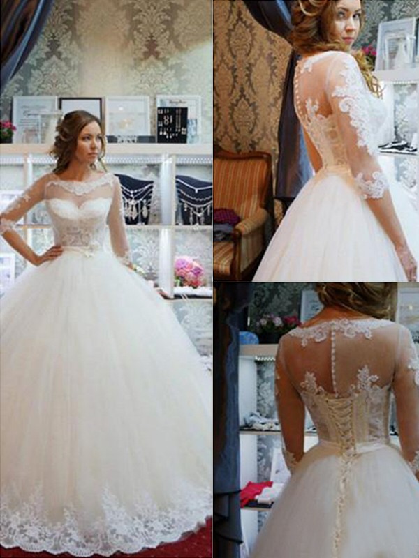 Ball Gown Tulle Scoop 1/2 Sleeves Applique Floor-Length Wedding Dresses 1314