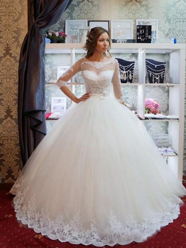 Ball Gown Tulle Scoop 1/2 Sleeves Applique Floor-Length Wedding Dresses 1314