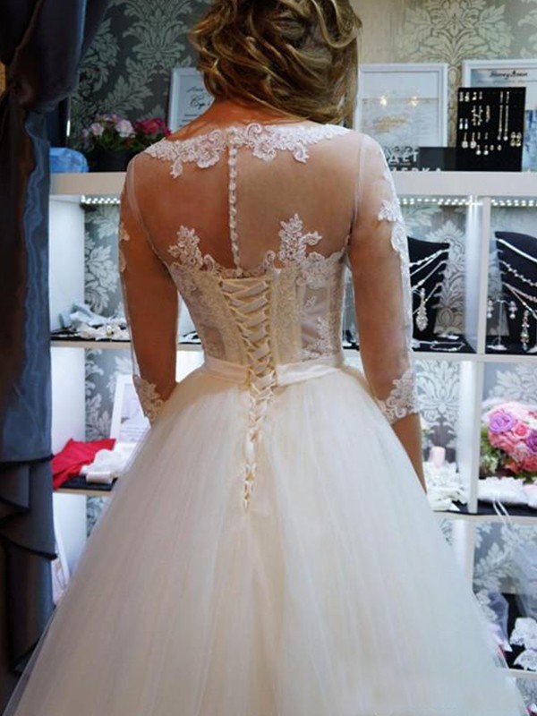 Ball Gown Tulle Scoop 1/2 Sleeves Applique Floor-Length Wedding Dresses 1314