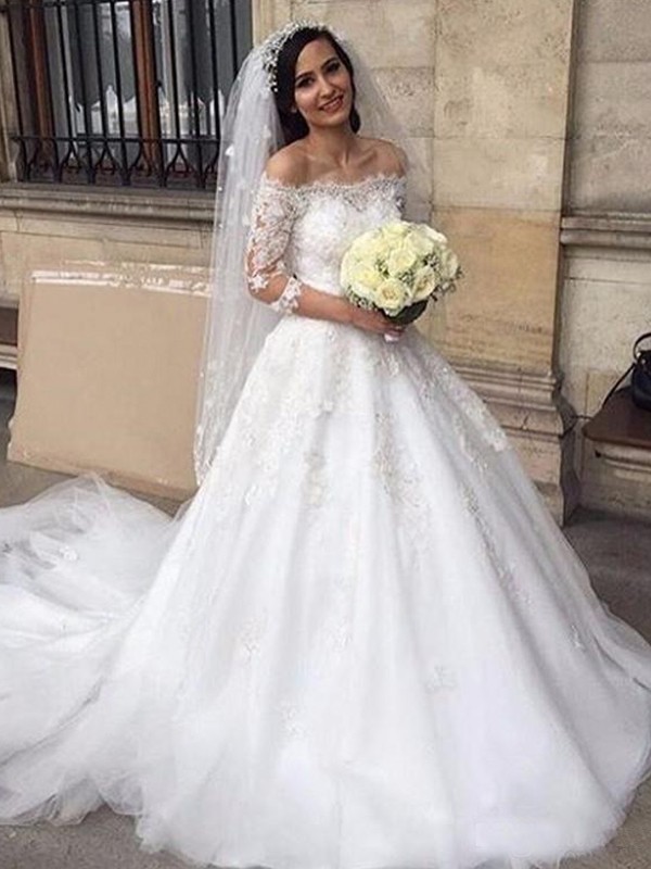 Ball Gown Tulle Off-the-Shoulder Applique 3/4 Sleeves Chapel Train Wedding Dresses 1308