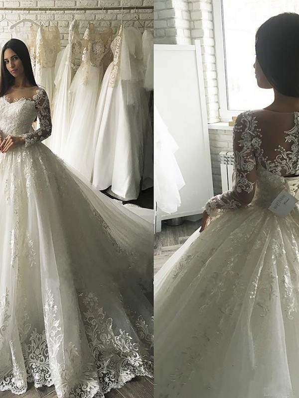 Ball Gown Tulle Scoop Long Sleeves Applique Court Train Wedding Dresses 1315