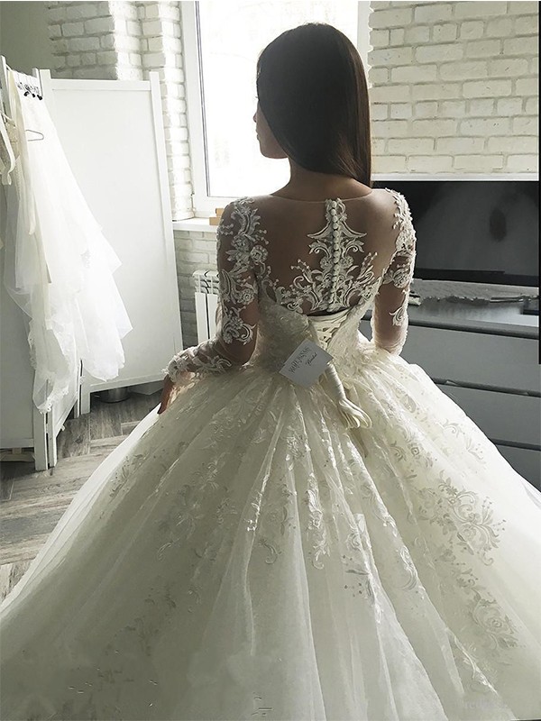 Ball Gown Tulle Scoop Long Sleeves Applique Court Train Wedding Dresses 1315