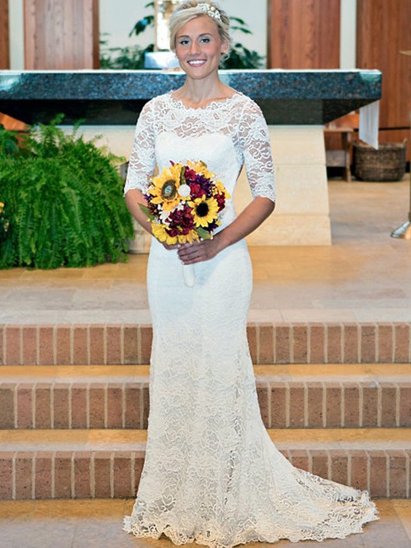 Sheath/Column Lace Ruched Scoop 1/2 Sleeves Sweep/Brush Train Wedding Dresses 1387