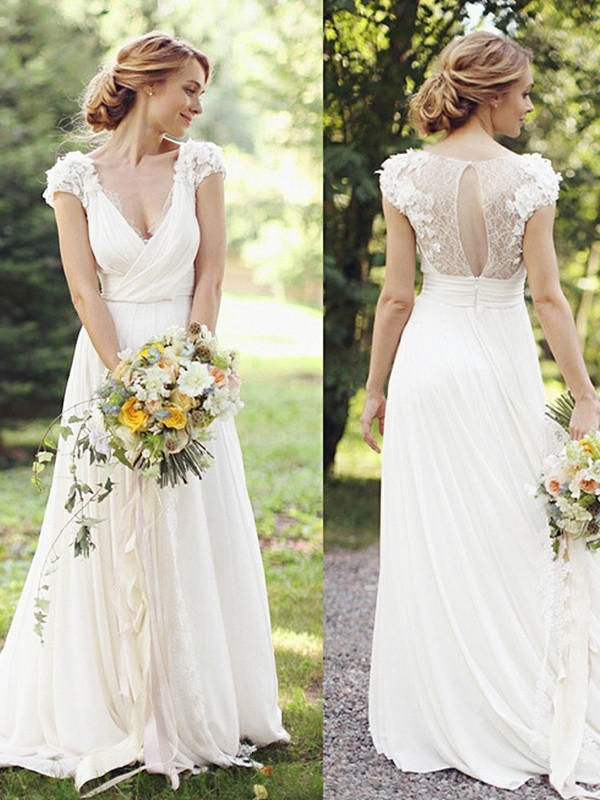 A-Line/Princess Chiffon Ruched V-neck Short Sleeves Sweep/Brush Train Wedding Dresses 662