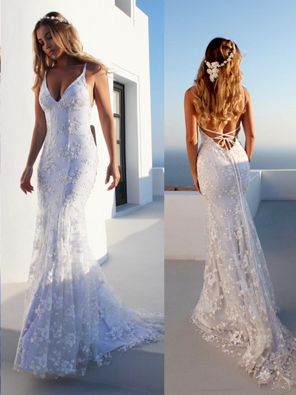 Trumpet/Mermaid Spaghetti Straps Sleeveless Lace Court Train Wedding Dresses 1668