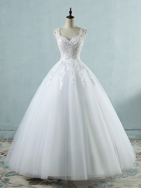 Ball Gown V-neck Sleeveless Sweetheart Floor-Length Applique Tulle Wedding Dresses 1337