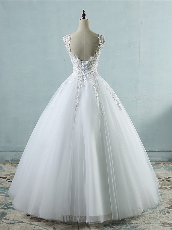 Ball Gown V-neck Sleeveless Sweetheart Floor-Length Applique Tulle Wedding Dresses 1337