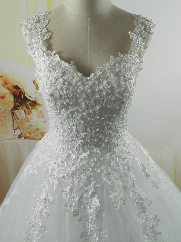 Ball Gown V-neck Sleeveless Sweetheart Floor-Length Applique Tulle Wedding Dresses 1337