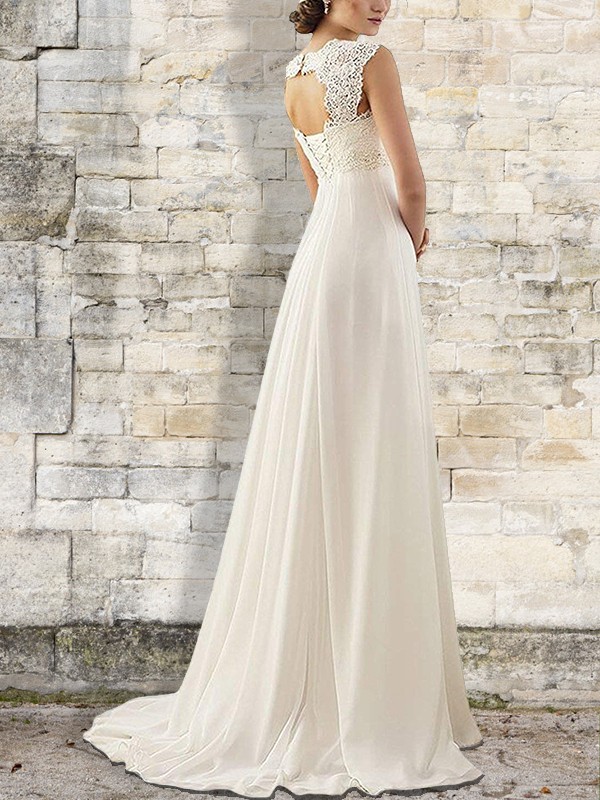 Empire Sweep/Brush Train Bateau Sleeveless Chiffon Wedding Dresses 1342