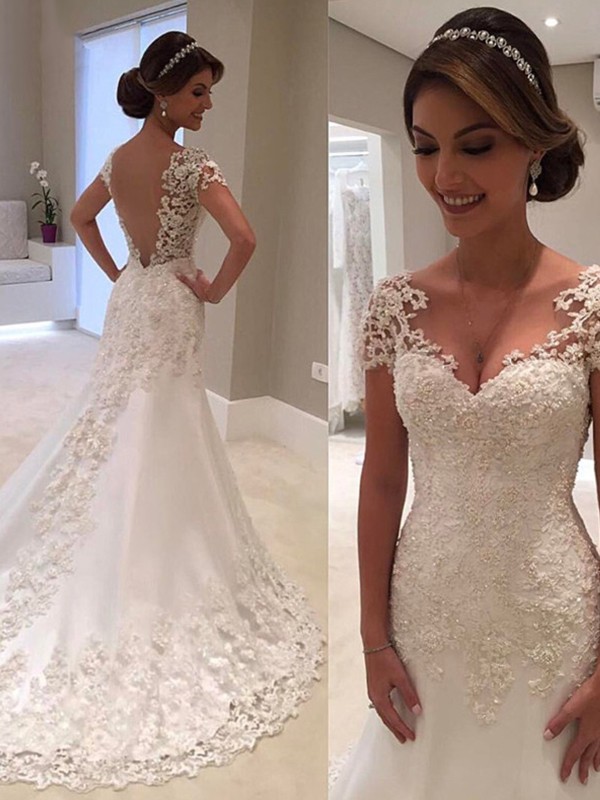 Trumpet/Mermaid Short Sleeves Sweetheart Court Train Lace Wedding Dresses 1637