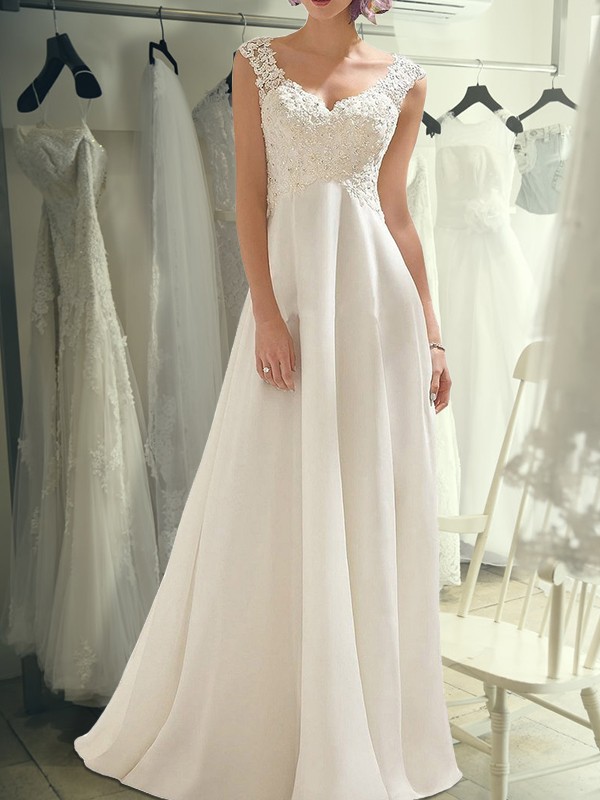 Empire Sleeveless Floor-Length V-neck Lace Chiffon Wedding Dresses 1341