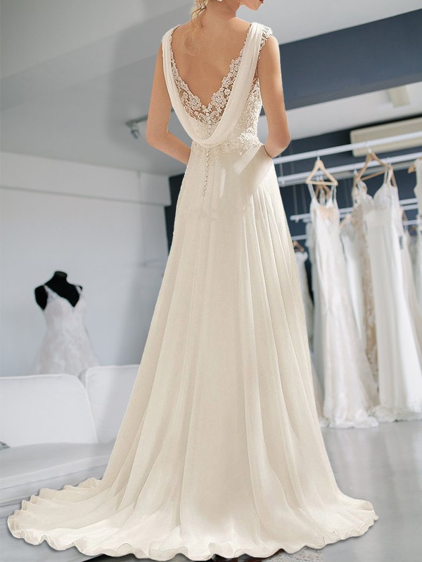 Empire Sleeveless Floor-Length V-neck Lace Chiffon Wedding Dresses 1341