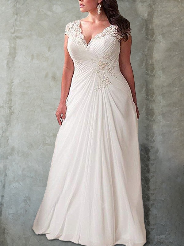 Empire Sweetheart Short Sleeves Lace Sweep/Brush Train Chiffon Plus Size Wedding Dresses 1343