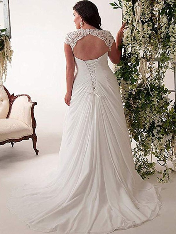 Empire Sweetheart Short Sleeves Lace Sweep/Brush Train Chiffon Plus Size Wedding Dresses 1343