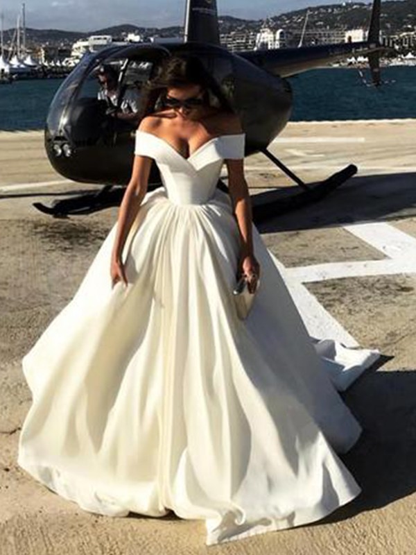 Ball Gown Off-the-Shoulder Court Train Satin Wedding Dresses 1205