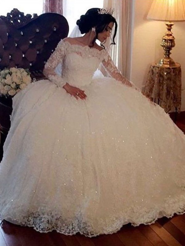 Ball Gown Bateau Long Sleeves Floor-Length Lace Wedding Dresses 1174