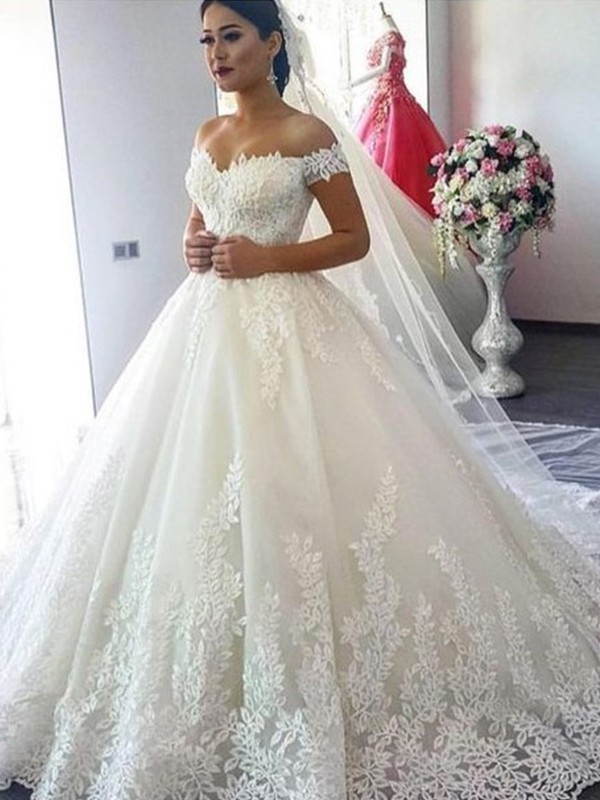 Ball Gown Off-the-Shoulder Sleeveless Sweep/Brush Train Lace Tulle Wedding Dresses 1215