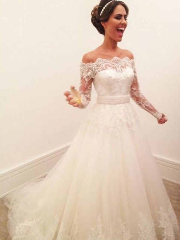 A-Line/Princess Off-the-Shoulder Long Sleeves Sweep/Brush Train Lace Tulle Wedding Dresses 758