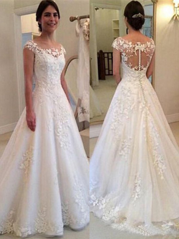 A-Line/Princess Scoop Sleeveless Sweep/Brush Train Lace Tulle Wedding Dresses 881