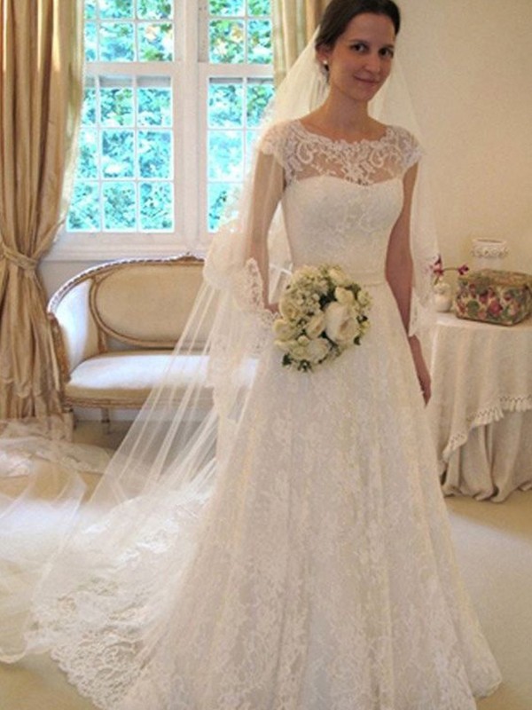 A-Line/Princess Scoop Sleeveless Sweep/Brush Train Lace Tulle Wedding Dresses 882