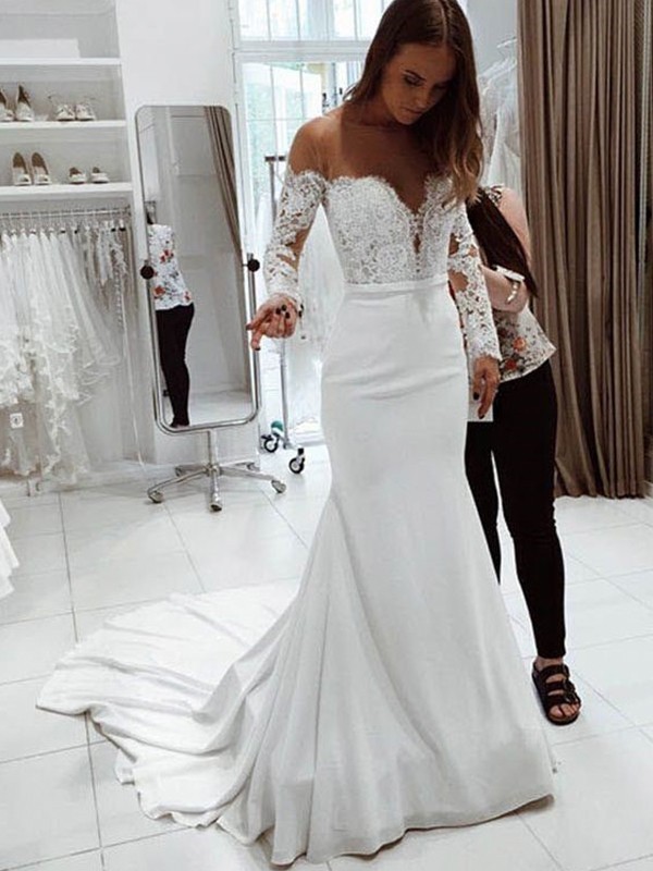 Trumpet/Mermaid Off-the-Shoulder Long Sleeves Court Train Lace Chiffon Wedding Dresses 1606