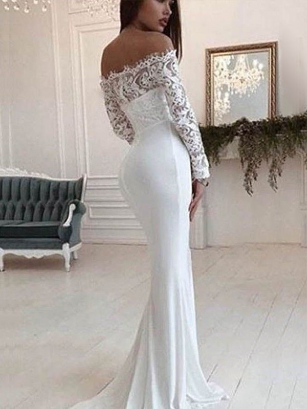 Trumpet/Mermaid Off-the-Shoulder Long Sleeves Court Train Lace Chiffon Wedding Dresses 1606