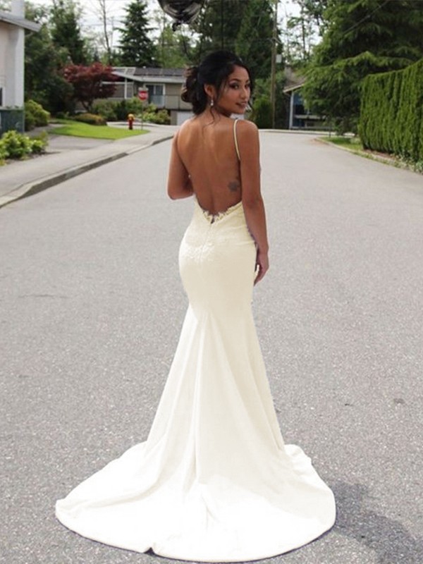 Trumpet/Mermaid Spaghetti Straps Sleeveless Sweep/Brush Train Lace Stretch Crepe Wedding Dresses 1669