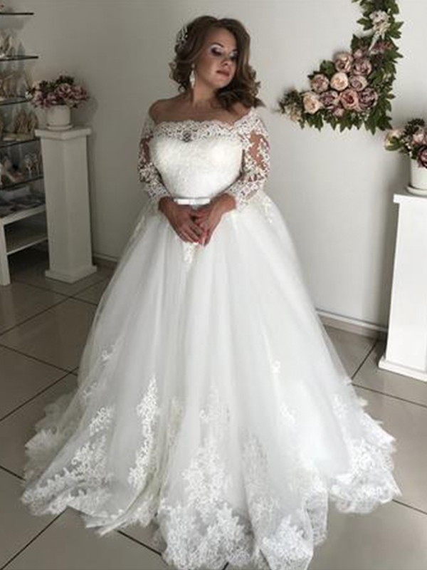 A-Line/Princess Off-the-Shoulder Long Sleeves Court Train Lace Tulle Wedding Dresses 759