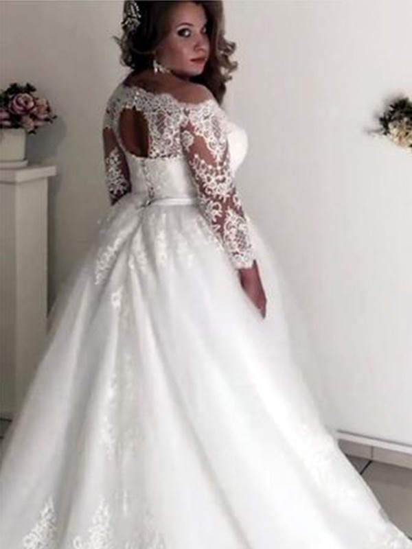 A-Line/Princess Off-the-Shoulder Long Sleeves Court Train Lace Tulle Wedding Dresses 759