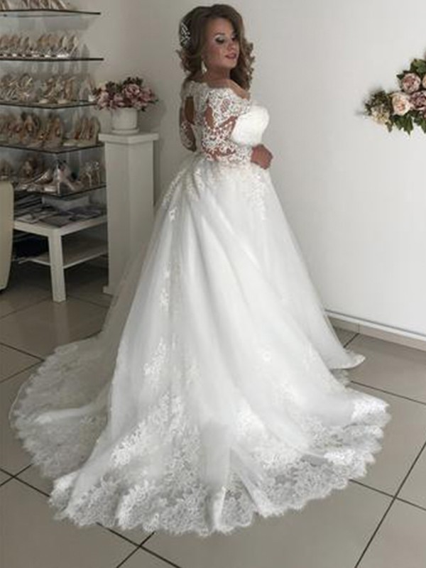 A-Line/Princess Off-the-Shoulder Long Sleeves Court Train Lace Tulle Wedding Dresses 759