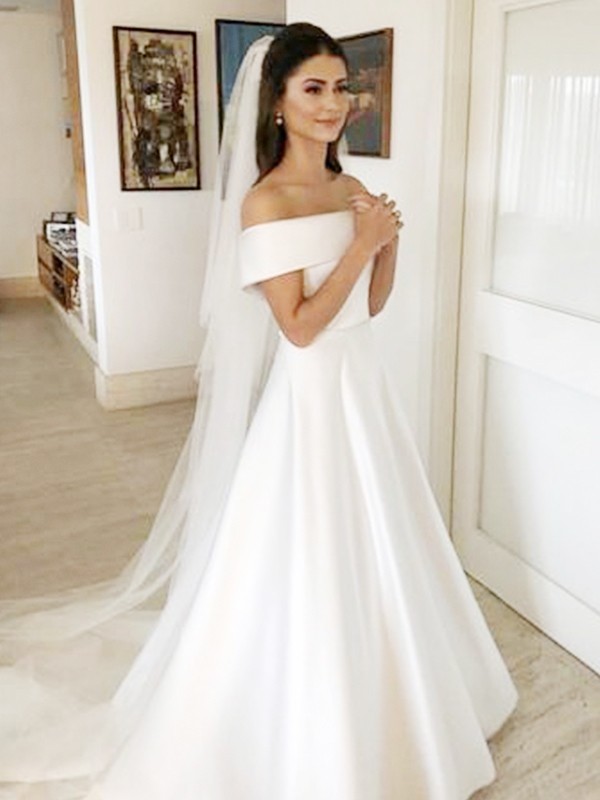 A-Line/Princess Off-the-Shoulder Sleeveless Sweep/Brush Train Ruffles Satin Wedding Dresses 764