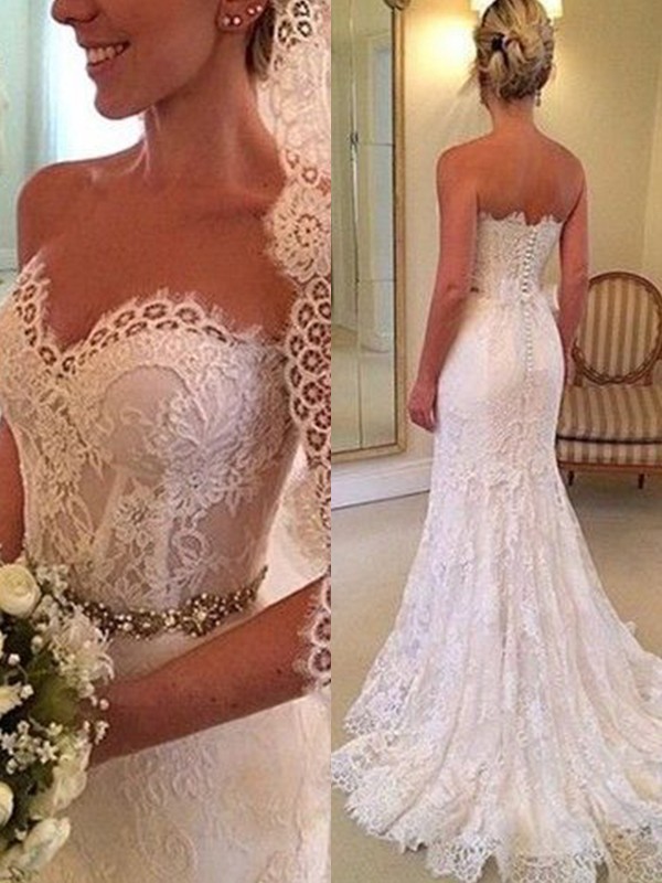 Sheath/Column Sweetheart Sleeveless Sweep/Brush Train Beading Lace Wedding Dresses 1526