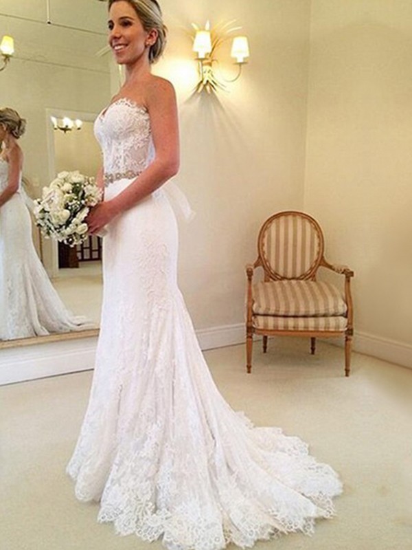 Sheath/Column Sweetheart Sleeveless Sweep/Brush Train Beading Lace Wedding Dresses 1526