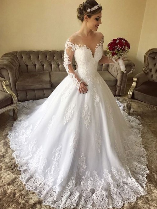 Ball Gown Off-the-Shoulder Long Sleeves Sweep/Brush Train Lace Tulle Wedding Dresses 1210