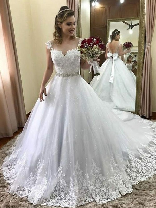 Ball Gown Sweetheart Sleeveless Court Train Beading Tulle Wedding Dresses 1283