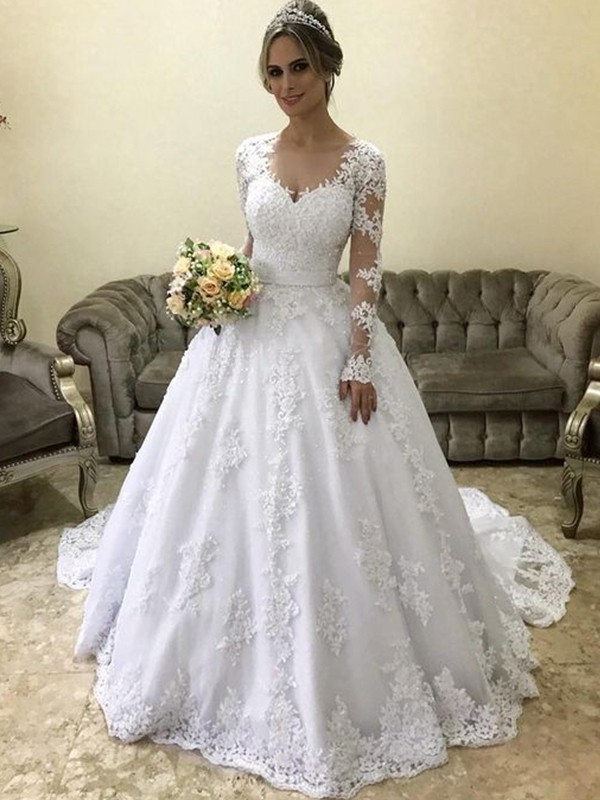 Ball Gown V-neck Long Sleeves Court Train Applique Satin Wedding Dresses 1327