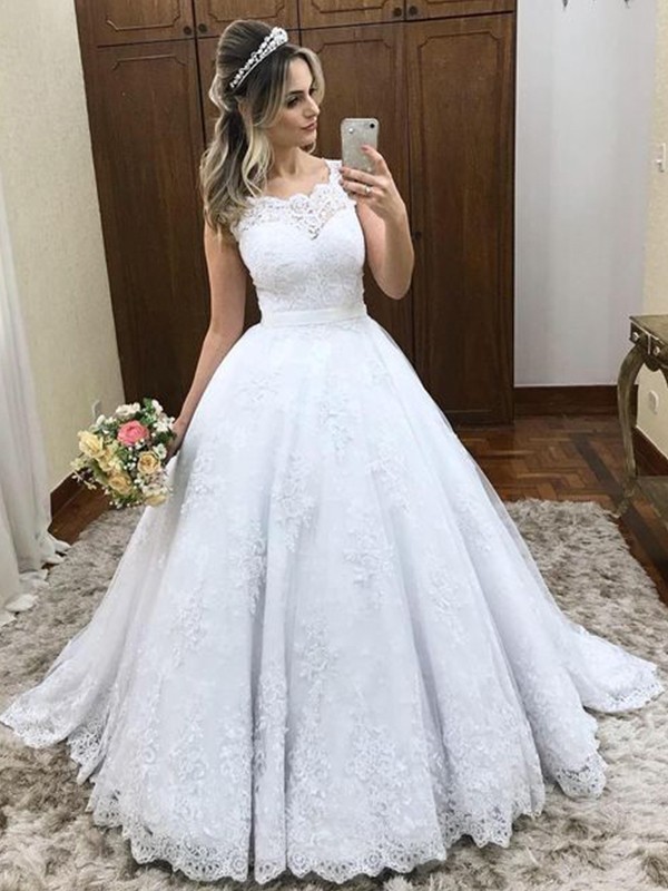 Ball Gown Scoop Sleeveless Sweep/Brush Train Lace Satin Wedding Dresses 1240