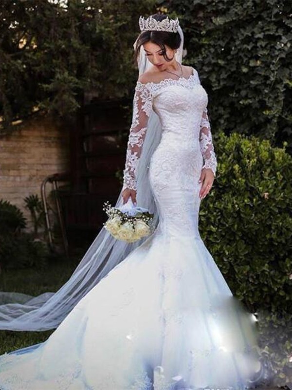 Trumpet/Mermaid Tulle Lace Off-the-Shoulder Long Sleeves Sweep/Brush Train Wedding Dresses 1727