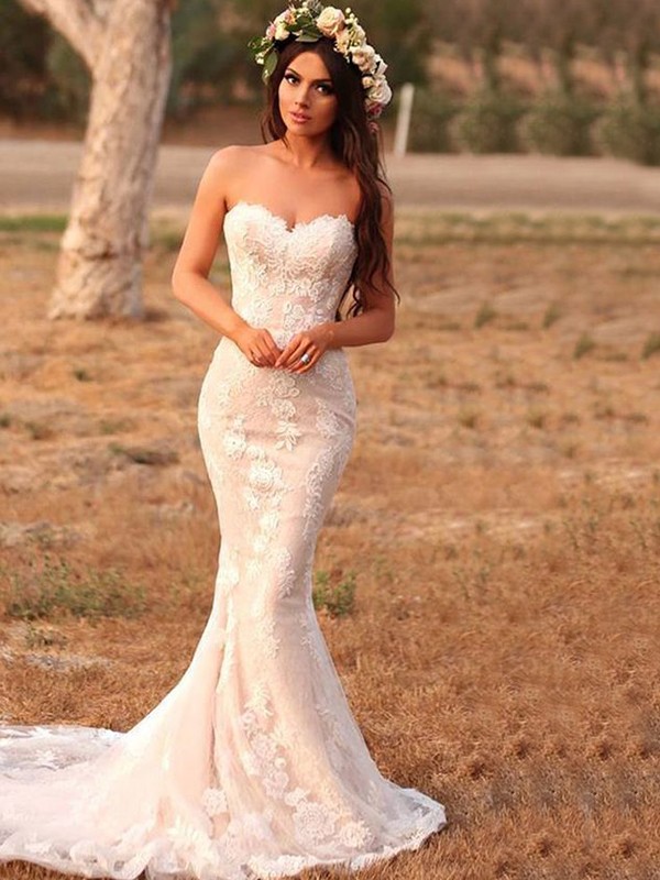 Trumpet/Mermaid Lace Applique Sweetheart Sleeveless Sweep/Brush Train Wedding Dresses 1575