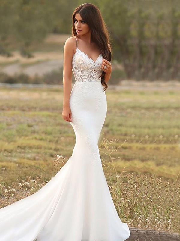 Trumpet/Mermaid Stretch Crepe Applique Spaghetti Straps Sleeveless Court Train Wedding Dresses 1678