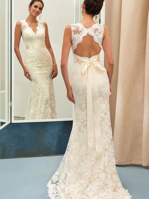 Trumpet/Mermaid Lace Sash/Ribbon/Belt V-neck Sleeveless Sweep/Brush Train Wedding Dresses 1584