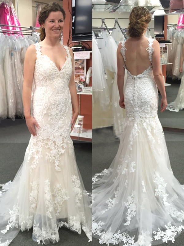 Trumpet/Mermaid Tulle Applique Straps Sleeveless Sweep/Brush Train Wedding Dresses 1719