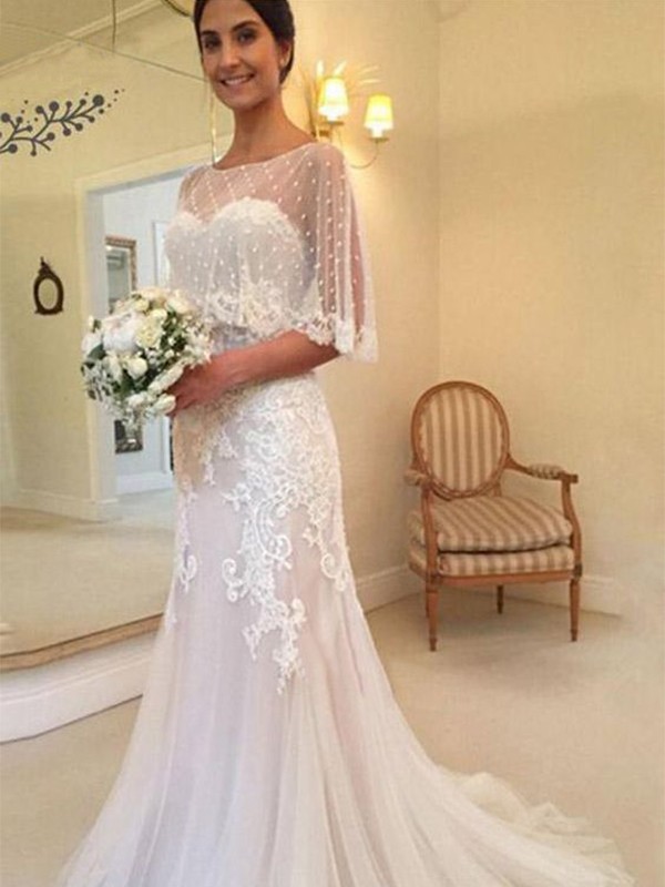 Sheath/Column Tulle Applique Sweetheart Sleeveless Sweep/Brush Train Wedding Dresses 1530