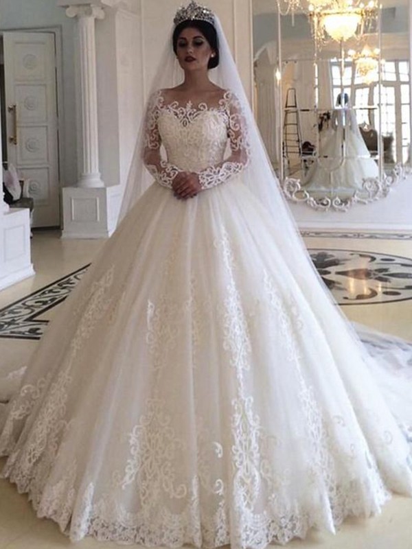 Ball Gown Tulle Applique Off-the-Shoulder Long Sleeves Sweep/Brush Train Wedding Dresses 1294