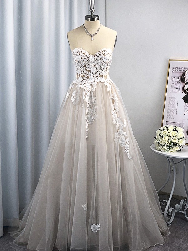 A-Line/Princess Tulle Applique Sweetheart Sleeveless Sweep/Brush Train Wedding Dresses 1008