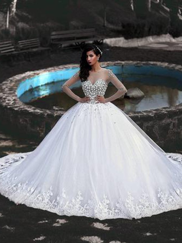 Ball Gown Tulle Beading Scoop Long Sleeves Sweep/Brush Train Wedding Dresses 1302